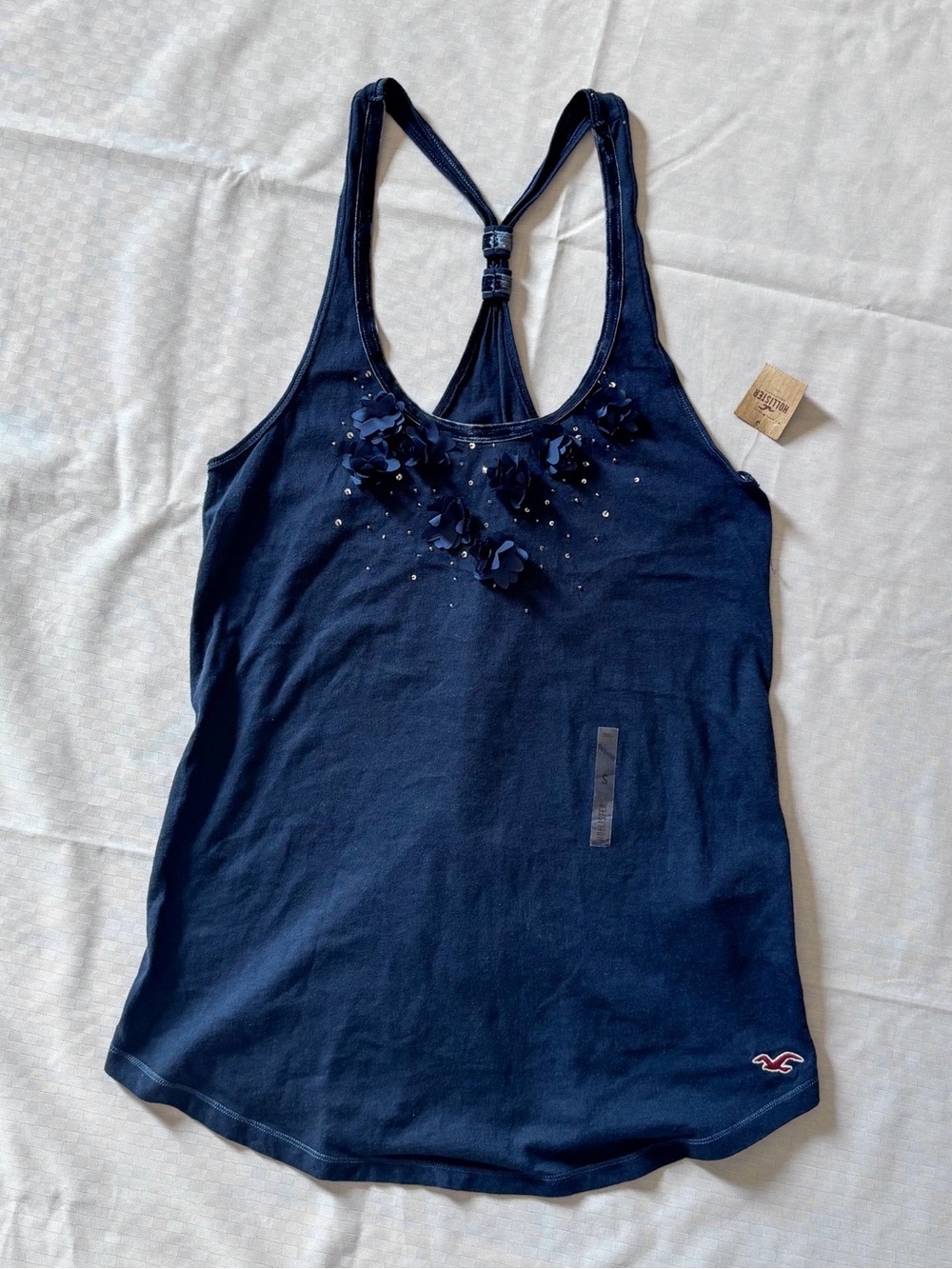y2k navy Hollister racerback tank top with rhinestone and flower detail